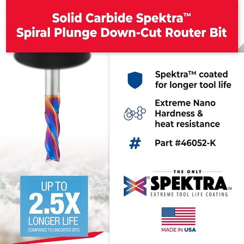 Amana Tool Spektra Extreme Tool Life Solid Carbide CNC Down-Cut Spiral Plunge Router Bit, 46055-K, 3/8 Dia x 1 CH x 3/8 SHK 2-½ Inch Long 3 Flute in Saudi Arabia