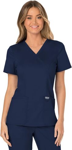Cherokee Women's Scrub Set Mock Wrap Top with Princess Seams WW610 Mid Rise Tapered Leg Elastic Waist Drawstring Pant WW105, Navy - M Top/M Tall Pant in Saudi Arabia