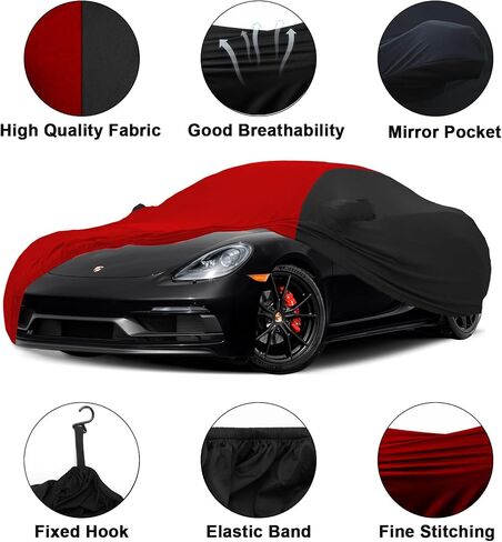 Indoor Car Cover Replace for 1997-2024 Porsche 718 Boxster/Cayman 986/987/981, Black &Red Luxurious Soft Stretch Satin Indoor Car Cover for Dust-Proof, Underground Garage, Car Show in Saudi Arabia