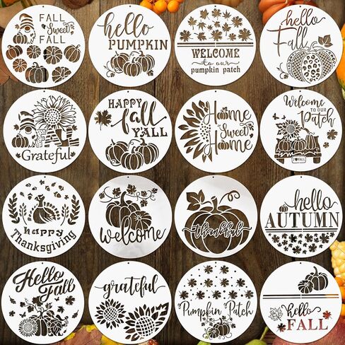 16 Pcs Large Fall Thanksgiving Stencils for Painting on Wood 12 Inch Round Reusable Fall Stencils Autumn Pumpkin Drawing Templates for Wall Door Hanger Porch Sign DIY Crafts Decor Painting in Saudi Arabia