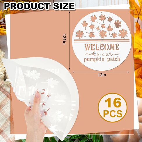 16 Pcs Large Fall Thanksgiving Stencils for Painting on Wood 12 Inch Round Reusable Fall Stencils Autumn Pumpkin Drawing Templates for Wall Door Hanger Porch Sign DIY Crafts Decor Painting in Saudi Arabia