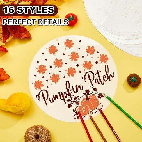 16 Pcs Large Fall Thanksgiving Stencils for Painting on Wood 12 Inch Round Reusable Fall Stencils Autumn Pumpkin Drawing Templates for Wall Door Hanger Porch Sign DIY Crafts Decor Painting in Saudi Arabia