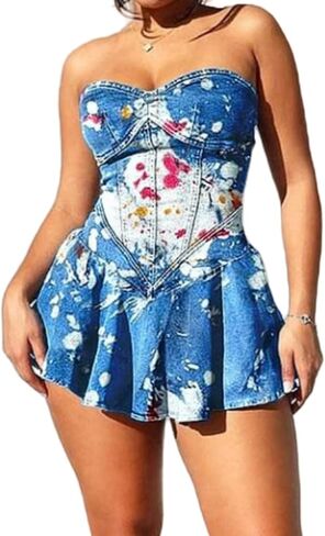 Molisry Women's Summer Tube Top Denim Dress Off Shoulder Sleeveless Sexy Cute Ruffle Pleated Jean Mini Dress Clubwear in Kuwait