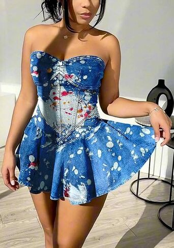Molisry Women's Summer Tube Top Denim Dress Off Shoulder Sleeveless Sexy Cute Ruffle Pleated Jean Mini Dress Clubwear in Kuwait