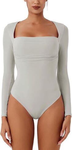REORIA Women's Long Sleeve Square Neck Double Layer Sexy Bodysuit 2024 Fall/Winter Designer Collection in Kuwait