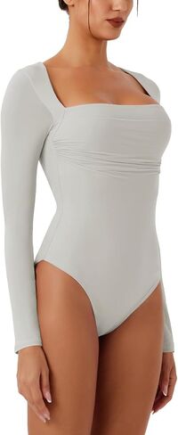 REORIA Women's Long Sleeve Square Neck Double Layer Sexy Bodysuit 2024 Fall/Winter Designer Collection in Kuwait
