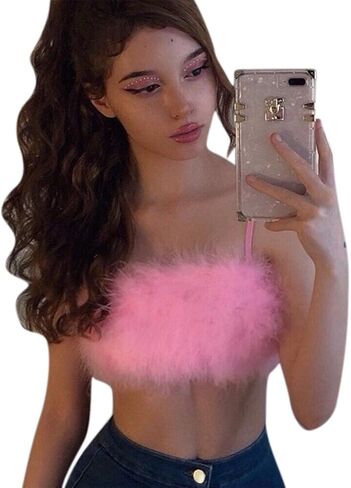 Women's Sexy Rave Festival Feather Crop Tops Faux Fur Spaghetti Straps Tube Top Camisole for Party Festival Club in Kuwait