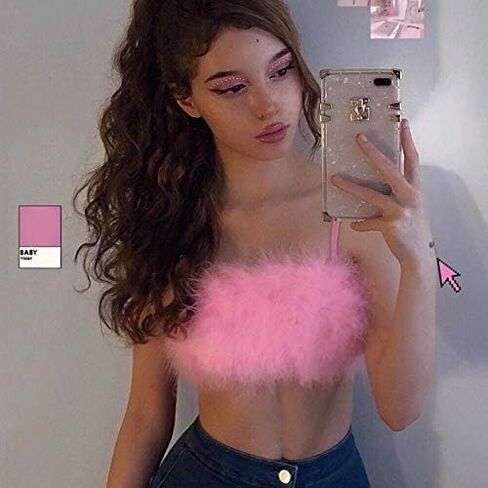 Women's Sexy Rave Festival Feather Crop Tops Faux Fur Spaghetti Straps Tube Top Camisole for Party Festival Club in Kuwait