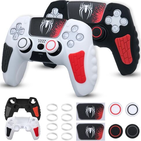 حافظة غطاء وحدة التحكم ECHZOVE PS5، غطاء سيليكون مضاد للانزلاق لجهاز التحكم PS5 مع أغطية قبضة الإبهام، واقيات عصا التحكم وملصق تغليف الغطاء (عبوتان) باللون الأسود بالكامل in Kuwait