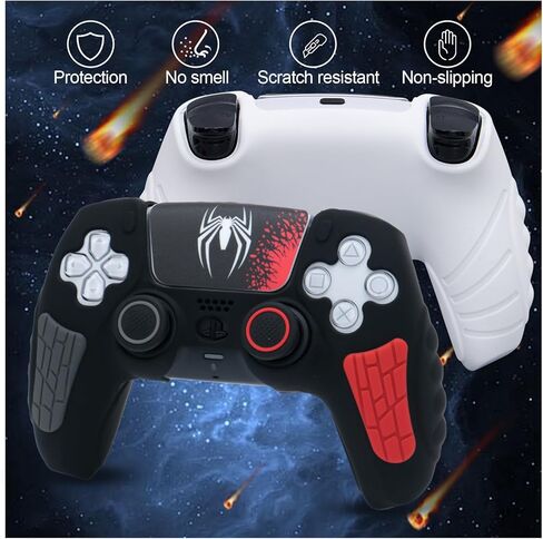 حافظة غطاء وحدة التحكم ECHZOVE PS5، غطاء سيليكون مضاد للانزلاق لجهاز التحكم PS5 مع أغطية قبضة الإبهام، واقيات عصا التحكم وملصق تغليف الغطاء (عبوتان) باللون الأسود بالكامل in Kuwait