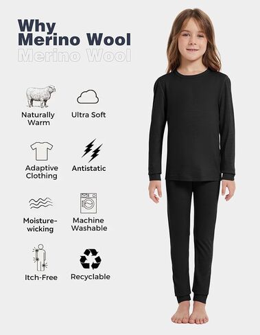 woolcano Kids Unisex 100% Merino Wool Base Layer Sets Lightweight Thermal Underwear in Kuwait