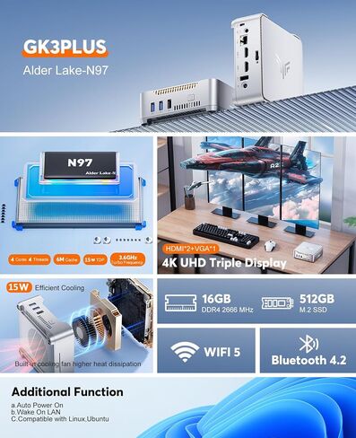 KAMRUI GK3Plus كمبيوتر صغير، وحدة المعالجة المركزية 12th Alder Lake N97 (تصل إلى 3.6 جيجا هرتز) كمبيوتر سطح مكتب صغير، 8 جيجا بايت DDR4 RAM 256 جيجا بايت M.2 SSD، Micro PC يدعم شاشة ثلاثية 4K، WiFi5، BT4.2، VESA، جيجابت إيثرنت لمكتب الأعمال in Kuwait