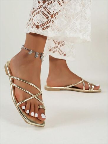 GORGLITTER Women's Sandals Dressy Metallic Strappy Flat Sandals Cute Slip On Sandals Summer in Saudi Arabia
