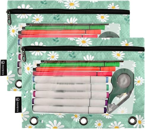 Fustylead Lovely Daisy Flower on Mint Green Pencil Pouch for 3 Ring Binders, Zipper Pencil Bags with Clear Window Organizer for Class Office 2 Pack in Kuwait