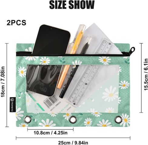 Fustylead Lovely Daisy Flower on Mint Green Pencil Pouch for 3 Ring Binders, Zipper Pencil Bags with Clear Window Organizer for Class Office 2 Pack in Kuwait