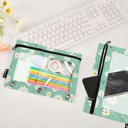 Fustylead Lovely Daisy Flower on Mint Green Pencil Pouch for 3 Ring Binders, Zipper Pencil Bags with Clear Window Organizer for Class Office 2 Pack in Kuwait