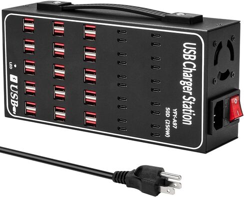 محطة شحن USB متعددة، RUANSZZ 60 منفذ 300 وات (60 أمبير) كتلة شاحن USB C مع مفتاح الطاقة، محطة شحن سطح مكتب USB متعددة، مناسبة للمحلات التجارية والفنادق والمدارس ومراكز التسوق in Kuwait