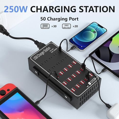 محطة شحن USB متعددة، RUANSZZ 60 منفذ 300 وات (60 أمبير) كتلة شاحن USB C مع مفتاح الطاقة، محطة شحن سطح مكتب USB متعددة، مناسبة للمحلات التجارية والفنادق والمدارس ومراكز التسوق in Kuwait