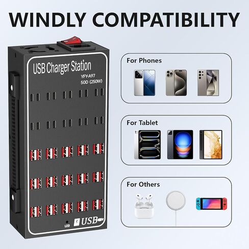 محطة شحن USB متعددة، RUANSZZ 60 منفذ 300 وات (60 أمبير) كتلة شاحن USB C مع مفتاح الطاقة، محطة شحن سطح مكتب USB متعددة، مناسبة للمحلات التجارية والفنادق والمدارس ومراكز التسوق in Kuwait