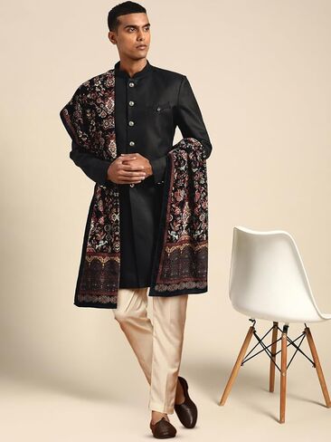 KISAH Men's Indowestern White Sherwani Set With Dupatta, Ethnic Indian Traditional Wear For Wedding & Festivals in Kuwait