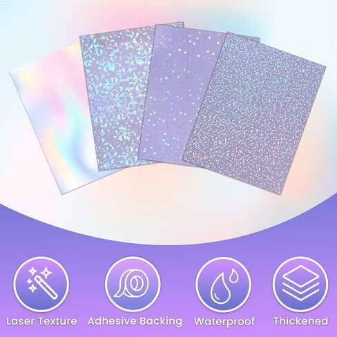 Holographic Laminate Sheets - 36 Sheets Self-Adhesive Waterproof A4 Transparent Paper | Line, Round, Windmill, Fireworks, Snow, Stars | Durable 11.7 x 8.3 Inches Lamination for Crafting & Decorations in Saudi Arabia