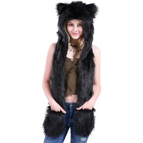 JIAHG Cozy Faux Fur Animal Winter Set Hooded Scarf Full Pockets Furry Gloves Earflap Hat for Adult Warmth Costume Accessory
