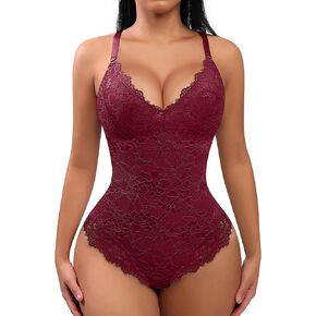 FeelinGirl Shapewear Bodysuits for Women Lace Shapewear Tummy Control V-Neck Sleeveless Bodysuit Tops Jumpsuit