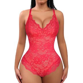 FeelinGirl Shapewear Bodysuits for Women Lace Shapewear Tummy Control V-Neck Sleeveless Bodysuit Tops Jumpsuit