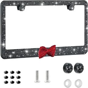 Enhance Your Ride with Bling License Plate Frames - Cute Girly Car Accessories for Women Featuring Diamond and Rhinestone Decor, Sparkly and Stylish - Great as Gifts(White + Pink Bow)
