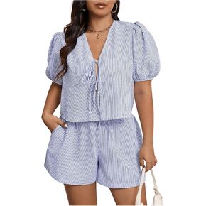 Verdusa Women's Plus Size 2 Piece Outfit Striped Bow Tie Front Short Sleeve Blouse and Short Set