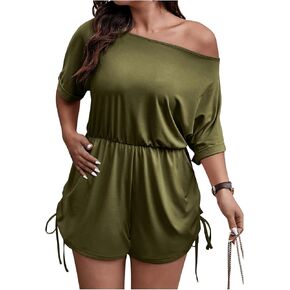 WDIRARA Women's Plus Size Off Shoulder Short Sleeve Rompers Shorts Drawstring Side Jumpsuit