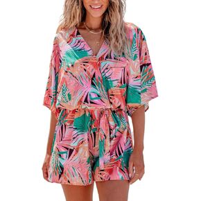 CUPSHE Women's Romper Short Sleeves Belted Jumpsuits V Neck Wide Leg Overall Outfit Casual
