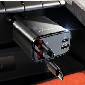 LISEN Retractable Car Charger [69W USB C Car Charger Adapter] iPhone 16 Car Charger Fast Charging, Fast Charging Car Charger, Type C Retractable Car Charger for iPhone 16 15 14 13 12, Samsung, Black