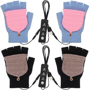 JaGely 2 Pairs USB Heated Gloves Mitten for Men & Women Hand Winter Warmer Gloves with Temperature Adjustment Knitting Full & Half Hands Heated Fingerless Gloves, Washable Warm Laptop Gloves