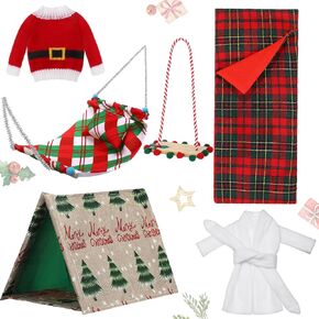 Liliful 6 Pcs Christmas Elf Sleeping Bag Set Elf Camping Accessory Set with Elf Christmas Tent, Sweater, Bathrobe, Swing Christmas Elf Hammock Xmas Doll Accessory for Doll Decorations(Cute)