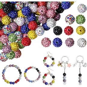 100PCS 10mm Rhinestone Beads for Jewelry Making, 15 Mixed Colors Clay Sparkle Diamond Crystal Beads for Crafting, Shamballa Disco Ball Beads for Bracelets Earring Baseball Necklace Beads DIY