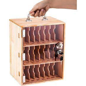 Wood Cell Phone Locker Box 24 Slots Cell Phone Storage Cabinet Cell Phone Holder Lock Box for School Classroom Office with Handle