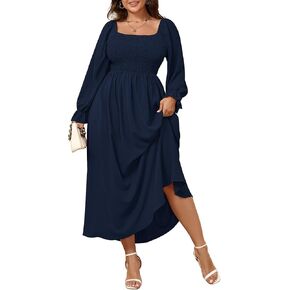 Women's Plus Size Maxi Dress Long Sleeve Square Neck Smocked Flowy A-Line Boho Wedding Party Maxi Dress