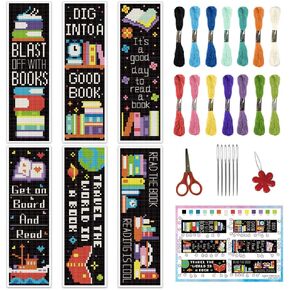 INFUNLY 6PCS Book Theme Cross Stitch Bookmark Kits 8''x2.4'' Study Bookmark Making Kit Good Book DIY Stamped Embroidery Bookmarks for Beginners with Instruction for Book Lovers Reader Writers Gift