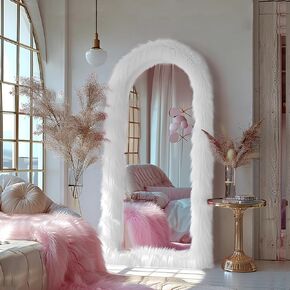 Arched Full Length Mirror 63"x24" Free Standing Floor Mirror Chic White Faux Fur Framed Wall Mounted Full Body Mirror Leaning Hanging Wall Mirror for Bedroom Entrance