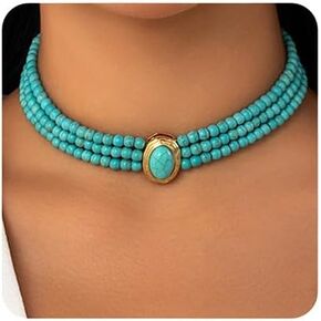 Octwine Boho Round Imitation Turquoise Layered Choker Necklace Multi Strands Vintage Choker 1920s Bridal Wedding Christmas Vintage Shiny Necklace for Women (Green)
