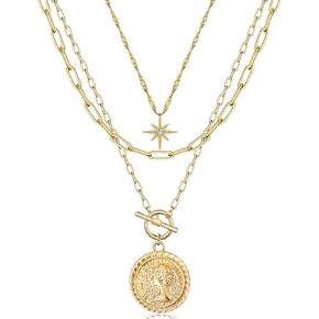 MJartoria Gold Layered Necklaces for Women Trendy, 14K Gold Plated Simple Star Choker Retro Coin Pendant Necklace, Paperclip Chain Necklace, Gold Necklaces Jewelry Gifts