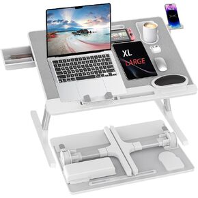 Bed Desk for Laptop,X-Large Adjustable PU Leather Laptop Bed Table,Foldable Laptop Lap with Wrist Rest,Drawers,Phone Holder,Lap Desk for Bed Floor Couch Sofa Writing Working