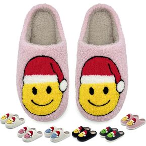 Christmas Slippers for Women and Men,Soft Plush Comfy Warm Couple Slip-On House Happy Face Slippers for Winter Indoor Outdoor Smile Slippers Non-Slip Fuzzy Flat Slides