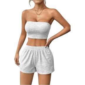 SOLY HUX Women's 2 Piece Outfits Strapless Bandeau Tube Crop Tops and Shorts Set