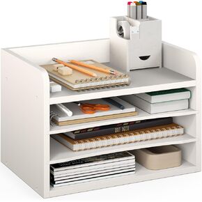 Ballucci File Organizer, 4-Tier Office Desk Organizer, Open Top Wood Paper Organizer for Classroom, Mail Sorter Paper Tray with Adjustable Storage Shelves, White