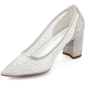 Women's Pointed Toe Silver Rhinestone Mesh Chunky Block Heel Wedding Bridal Shoes