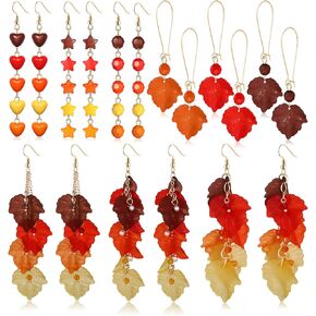 9 Pairs Thanksgiving Earrings Fall Turkey Pumpkin Leaf Charms Dangle Earrings Handmade Layered Maple Leaves Hoop Dangling Earrings Set for Women Girls Variety Pack Fun Thanksgiving Holiday Themed Color Star Heart Beads Earrings Jewelry Accessories