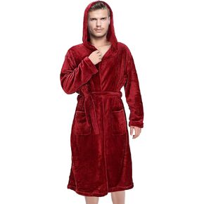 Holibanna Mens Hooded Robe Fuzzy Mens Robe Bathrobe Long Spa Robe with Belt 2 Pockets Soft Warm Knee Length Bathrobe