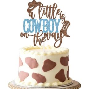 A Little Cowboy Is On The Way Cake Topper Boy Baby Shower Decoration Western Themed Party Supplies Blue